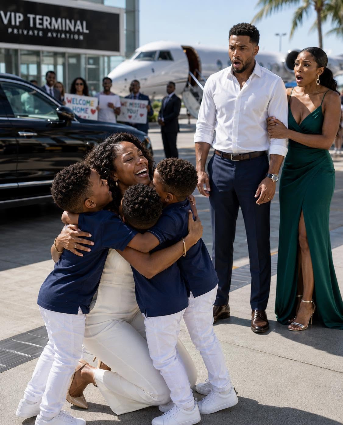“My billionaire ex-husband sat beside me on a flight just to shame me—then three little boys stepped out of a Bentley and ran toward me, calling, “Mom!”