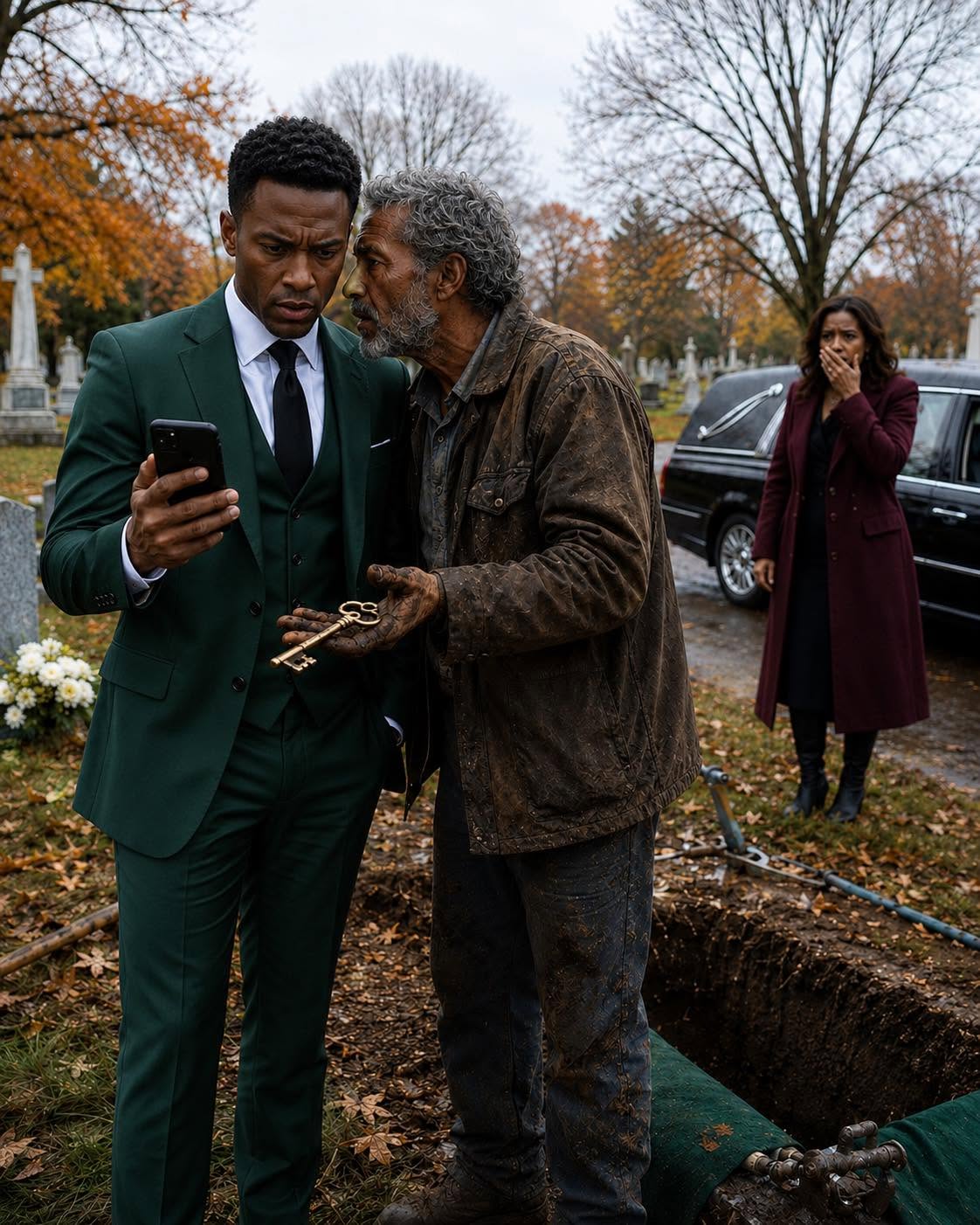 At my father’s graveside, the gravedigger gripped my arm and whispered, “Sir, your father paid me to bury an empty coffin.” Before I could even speak, he pushed a brass key into my hand. “Don’t go home,” he warned.