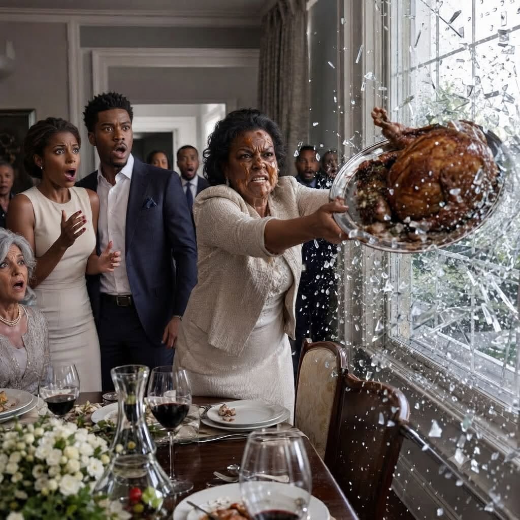 I spent six hours preparing a lavish dinner for my daughter-in-law’s wealthy parents. Before they arrived, she tasted the gravy and deliberately spat it right in my face. “It’s disgusting, just like you,” she hissed. My son just patted her shoulder to calm her down, ignoring me completely. I quietly wiped my face, picked up the entire roasted turkey platter, and threw it straight through the dining room’s glass window. The shattering crash made them both freeze in terror just as the doorbell rang… The turkey hit the window before my daughter-in-law finished smiling. Glass exploded across the patio, and for the first time in three years, Vanessa looked afraid of me.  Six hours earlier, I had been standing in her designer kitchen, rolling pastry, polishing silver, and pretending not to notice that every cabinet in the house still carried the fingerprints of money I had earned. Vanessa had invited her wealthy parents to dinner because she wanted them to believe she and my son, Daniel, had built this life alone. She ordered me around like hired help.  “More rosemary,” she said, scrolling through her phone. “My father hates bland food.”  Daniel walked past without looking at me. “Mom, just do what she asks. Tonight matters.”  It mattered because Vanessa’s father, Richard Vale, was considering investing ten million dollars in Daniel’s new property company. What neither of them knew was that the company already belonged to me.  Years before, after my husband died, I sold our regional catering business for enough money to retire comfortably. Daniel begged me to help him start over after a failed restaurant venture. I funded the deposit on the house, purchased the office building, and created Hartwell Holdings, placing every major asset inside it. Daniel was listed as manager, never owner. I kept that distinction private because I wanted him to build confidence, not entitlement.  Vanessa discovered my kindness and mistook it for weakness.  For three years, she had corrected my clothes, mocked my recipes, and introduced me to guests as “Daniel’s charity project.” Whenever I objected, Daniel urged patience. He said Vanessa was under pressure, that marriage required compromise, that I should not provoke her. Each excuse cut deeper because I had once taught him that silence beside cruelty was another form of cruelty.  When the gravy was ready, she dipped in a spoon, tasted it, then stared directly at me. Slowly, deliberately, she spat the mouthful into my face.  “It’s disgusting,” she hissed, “just like you.”  The room went silent. Gravy slid down my cheek and onto the blouse my late husband had bought me on our thirtieth anniversary.  Daniel did not defend me. He merely touched Vanessa’s shoulder.  “Babe, calm down. Your parents will be here any minute.”  Not Mother, are you all right? Not Vanessa, apologize.  Something inside me became perfectly still.  I wiped my face with a linen napkin, lifted the roasted turkey with both hands, and hurled the entire silver platter through the dining room window. The crash shook the chandelier. Vanessa screamed. Daniel stumbled backward.  Then the doorbell rang.  I looked at them through the glittering remains of the window.  (I know you’re curious about the next part, so please be patient and read on in the comments below. Thank you for your understanding of the inconvenience. please leave a ‘YES’ comment below and give us a “Like ” to get full story ) 👇 See less